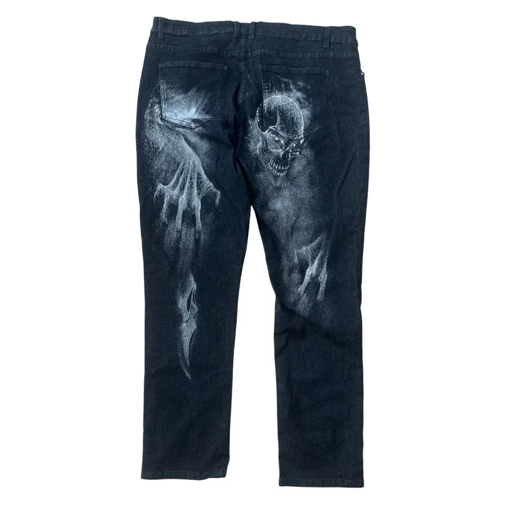 Y2K Skull airbrush Printed Denim Grunge Leg Jeans Punk Trousers 42 Black